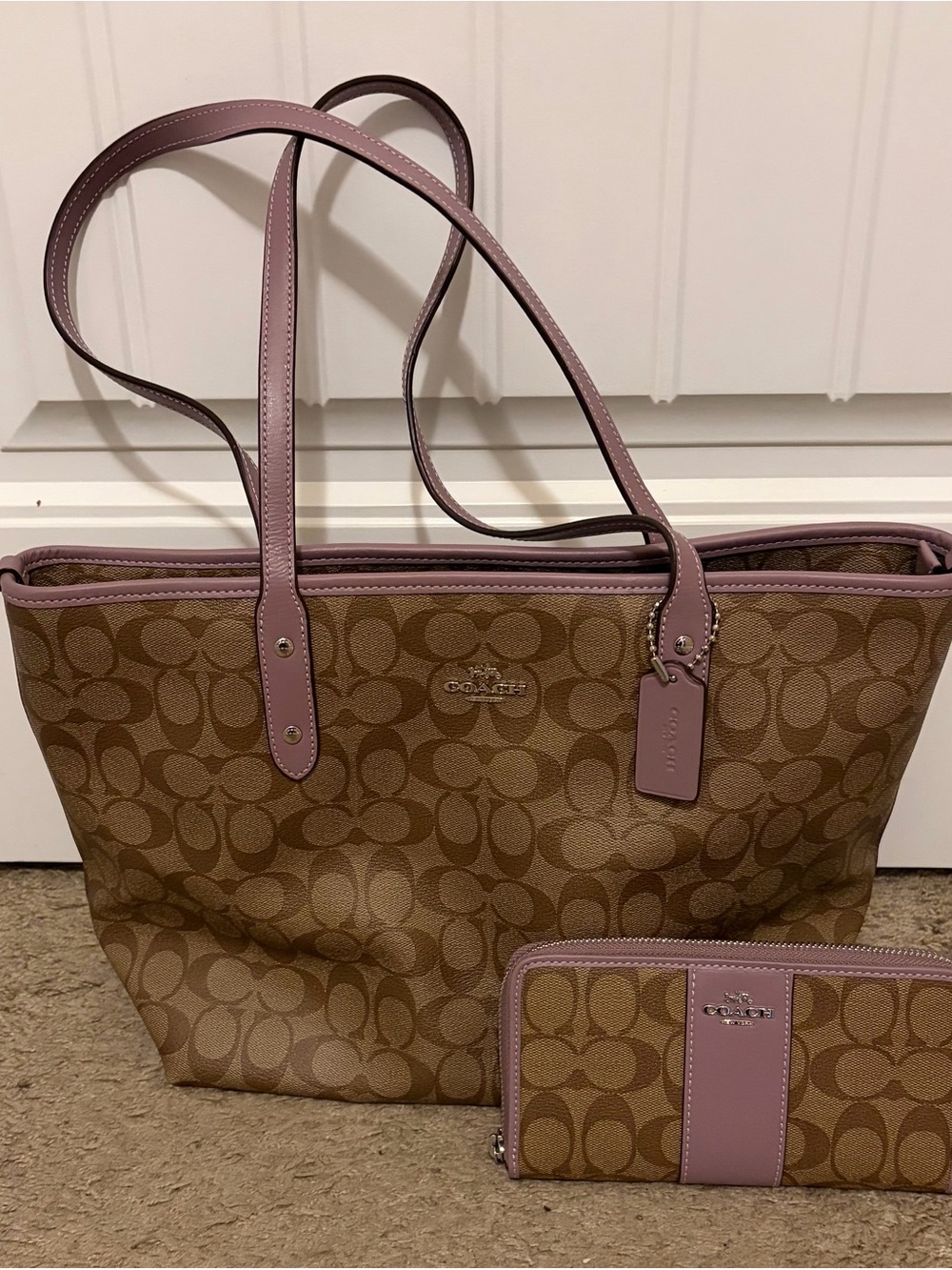 Coach Brown Signature Canvas Tote with Dusty Pink Trim and Matching Wallet